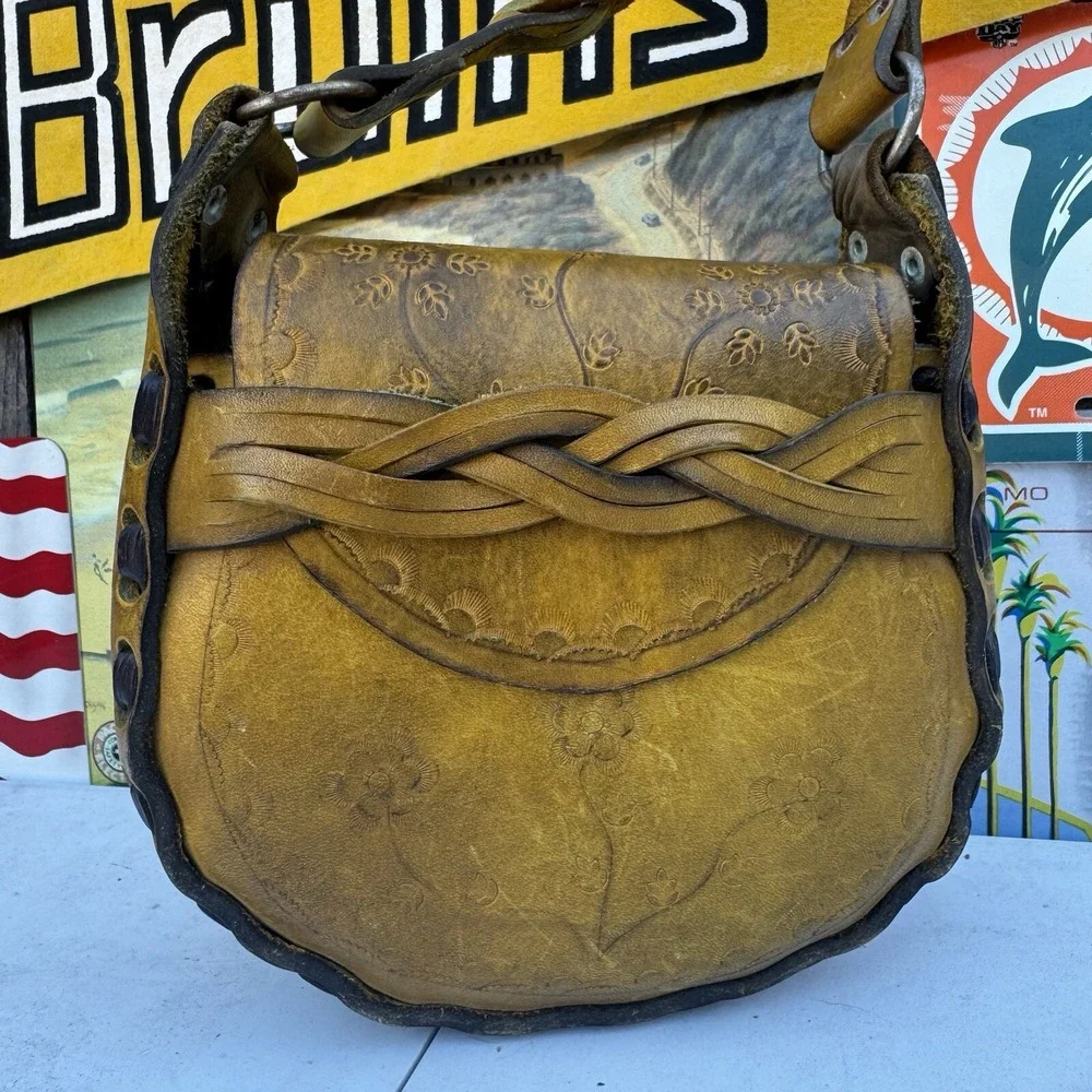 Vintage 1960s‎  Handmade Leather Saddlebag Braided Tuck on Front